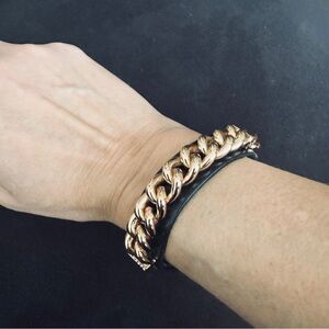 Black Leather Gold Chain Cuff Bracelet with Rhinestones